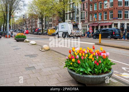 AMSTERDAM, HOLLAND - 17. APRIL 2023: Straßenblick auf Amsterdam, die pulsierende niederländische Hauptstadt, bekannt für ihr Kanalsystem, die engen Häuser und das Radfahren Stockfoto