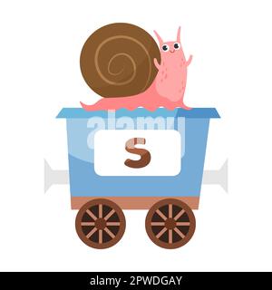 Buchstabe S: Schnecke. Niedliches Tier in farbenfroher alphabetischer Bahn. Vektordarstellung von Lernspielzeug für Vorschulkinder. Cartoon-Tiere sitzen hier Stock Vektor