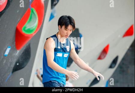 Seoul, Südkorea. 30. April 2023. Daiki Sano (JPN), 30. April 2023 - Sport Climbing : Felskletterqualifikation der Herren während der IFSC Climbing World Cup Seoul 2023 im Jungnang Sport Climbing Stadium in Seoul, Südkorea. Kredit: Lee Jae-Won/AFLO/Alamy Live News Stockfoto