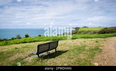 Leere Bank mit Blick auf den Hauraki Golf und Rangitoto Island in der Ferne. Long Bay Küstenweg. Auckland. Stockfoto