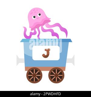 Buchstabe J: Quallen. Niedliches Tier in farbenfroher alphabetischer Bahn. Vektordarstellung von Lernspielzeug für Vorschulkinder. Cartoon-Tiere sitzen hier Stock Vektor