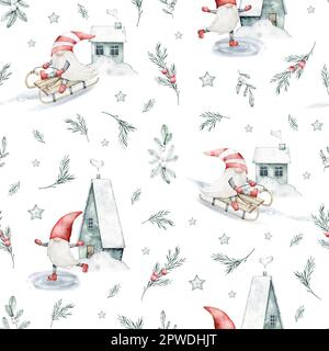 Aquarell nordisch-skandinavisches Gnom-Nahtmuster. Zwerge Schlittschuhlaufen, Schlittenfahren, Haus und Rosmarin auf weißem Hintergrund. Handgezeichnete Weihnachten Stockfoto