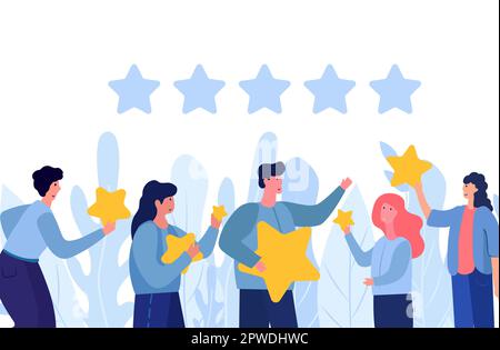 Die Personen, die fünf-Sterne-Feedback geben, repräsentieren die Bedeutung der Kundenzufriedenheit und die Rolle, die sie für den Erfolg eines Unternehmens spielt. Bewertungen Sterne mit guten und schlechten Preisen. Vektor. Stock Vektor