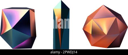 Futuristische Neon-Gradienten-Figuren können für eine Vielzahl von Zwecken verwendet werden, einschließlich Unterhaltung, Bildung und wissenschaftliche Visualisierung. Geometrische Hologramm-Formen. Schillerndes, modernes, mehrfarbiges 3D-Objekt. Stock Vektor