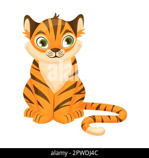 Komischer Tiger, der sitzt und wartet, Zeichentrickfigur-Vektorbild. Orangefarbenes Tier mit niedlichem Maulkorb, das sitzt, winkt und lächelt, Symbol von 2022 Stock Vektor