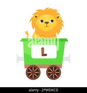 Buchstabe L, Löwe. Niedliches Tier in farbenfroher alphabetischer Bahn. Vektordarstellung von Lernspielzeug für Vorschulkinder. Cartoon-Tiere sitzen hier Stock Vektor