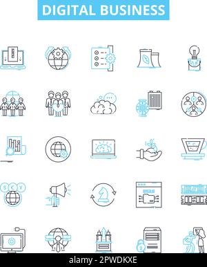 Symbole für digitale Geschäftsvektorlinien festgelegt. Digital, Business, E-Commerce, Marketing, Werbung, Online, Retail Illustration umreißt Konzeptsymbole und Stock Vektor