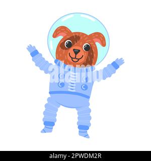 Zarter Hund winkte mit den Armen, Astronaut in Schutzanzug und Raumanzug. Cartoon-Vektordarstellung Stock Vektor