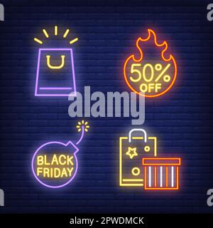 Sonderaktion Neon-Schildset. Glühende Einkaufstasche Stock Vektor