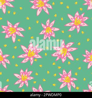 Pinkfarbene Lotusblüten Vektormuster auf Grün Stock Vektor