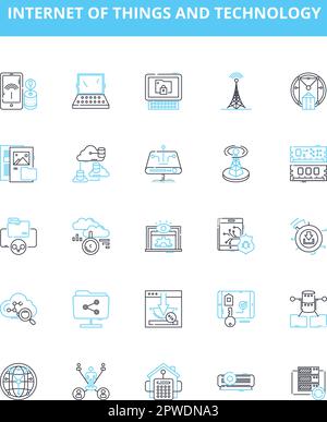 Symbole für das Internet der Dinge und die Vektorlinien der Technologie gesetzt. IoT, Technologie, Konnektivität, Automatisierung, Wearables, Sensoren, Künstliche Intelligenz Stock Vektor