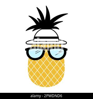 Ananas mit Sonnenbrille und Hut, Vektorsymbol, Sommerzeichnung. Stock Vektor