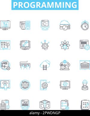 Programmieren der Vektorliniensymbole. Programmierung, Codierung, Skripterstellung, Codierungssprache, Algorithmus, Debugging, Software-Illustration, Konzept Stock Vektor