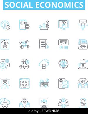 Symbole für Vektorlinien in der Sozialökonomie festgelegt. Sozioökonomie, Ungleichheit, Wohlfahrt, Armut, Arbeit, Märkte, Umverteilungsdarstellung Grundkonzept Stock Vektor