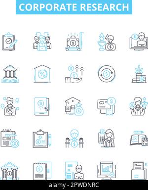 Symbole für Unternehmensforschungsvektorlinien festgelegt. Unternehmen, Forschung, Analyse, Geschäft, Markt, Strategie, Datendarstellung umreißen Konzeptsymbole und Stock Vektor