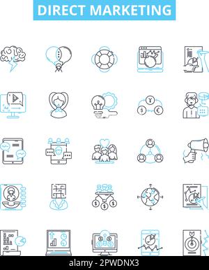 Symbole für Direktmarketing-Vektorlinien festgelegt. Direct-Mail, E-Mail, Telemarketing, SMS, Online, Broschüren, Datenbankabbildung umreißen Konzeptsymbole und Stock Vektor