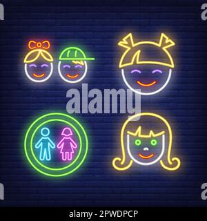 Neonschild für Kinder. Junge, Mädchen, Kinder Stock Vektor