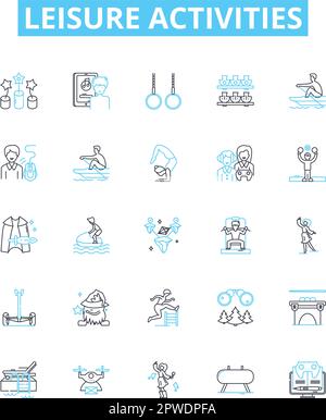 Vektorliniensymbole für Freizeitaktivitäten festgelegt. Wandern, Bowling, Camping, Gartenarbeit, Schwimmen, Angeln, Yoga-Illustration umreißt Symbole und Schilder Stock Vektor