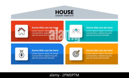 Infografik-Vorlage mit Symbolen und 4 Optionen oder Schritten. Haus. Kann für Workflow-Layout, Diagramm, Banner, webdesign verwendet werden. Vektordarstellung Stock Vektor
