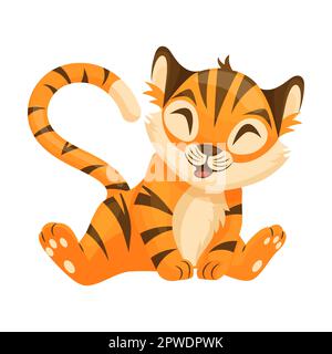 Lustige, fröhliche Kind-Tiger-Zeichentrickfigur-Vektordarstellung. Orangefarbenes Tier mit niedlichem Maulkorb, das sitzt, winkt und lächelt, Symbol von 2022 Stock Vektor