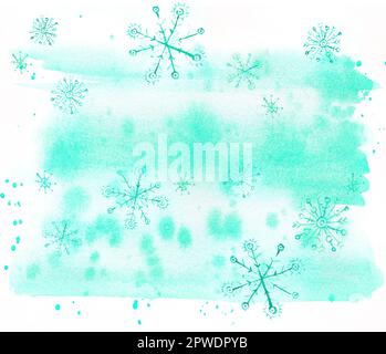 Hand zeichnet blauen Hintergrund, Schneeflocken, Winter, Minzfarbe Stockfoto