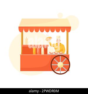 Messestand mit Hot Dogs und männlicher Verkäufer Flachvektordarstellung Stock Vektor