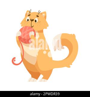 Süße Comic-Katze, die einen Ball aus rotem Garn hält Stock Vektor