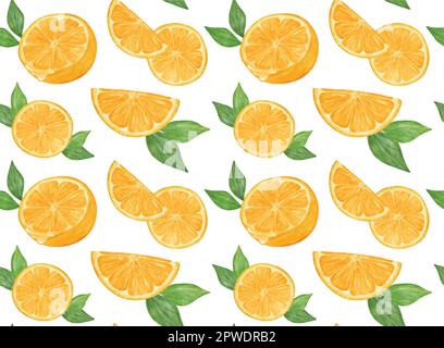 Aquarell frisch geschnittenes orangefarbenes Fruchtmuster nahtloser Hintergrund Handzeichnung auf weißem Hintergrund isoliert gemalt Stock Vektor