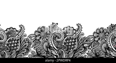 Hand zeichnen nahtloses Blumenmuster, einfarbige Blumen auf weißem Hintergrund, Kritzelung für Textil, Hochzeit, Schwarzweißfarbe Stockfoto