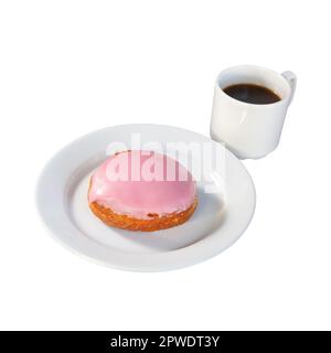 Ein Donut mit einer Tasse schwarzen Kaffees, isoliert vor weißem Hintergrund. Stockfoto