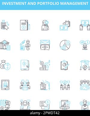 Symbolsatz für Vektorlinien für Investitions- und Portfoliomanagement. Investitionen, Portfolio, Management, Vermögenswerte, Eigenkapital, Festverzinsliche Wertpapiere, alternative Darstellung Stock Vektor