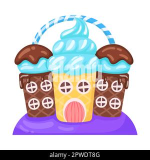 Candie in Form eines Hauses mit Schokolade und Creme-Eis, Vektorbild. Fantasy Land Karamell und Schokolade Desserts, Cupcakes, Kekse Stock Vektor