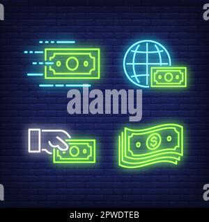Dollarscheine, Hand- und Erdkugel, Neonschilder Stock Vektor