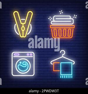 Waschmaschine, saubere Bettwäsche und Wäscheklammern, Neonschilder Stock Vektor