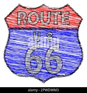 Verkehrsschild der Route 66 mit Grunge Scribble FX Stockfoto
