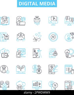 Liniensymbole für digitale Medienvektoren eingestellt. Digital, Medien, Technologie, Werbung, Social, Plattformen, Online-Illustration umreißen Konzeptsymbole und -Schilder Stock Vektor