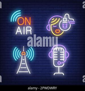 Glimmschilder für Sendeturm, Sprecher und Mikrofon Stock Vektor
