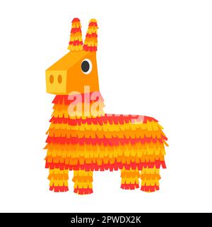 Süßes, farbenfrohes Pinata-Orange-Lama für Partys, Vektorbild. Mexikanisches Papierspielzeug mit Leckereien in Form eines Esels, Süßigkeiten zum Geburtstag Stock Vektor