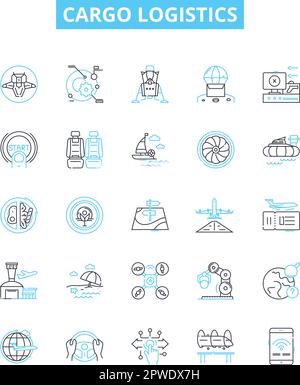 Symbole für Vektorlinien der Frachtlogistik gesetzt. Versand, Nachverfolgung, Verteilung, Verwaltung, Planung, Planung, Transport-Illustrationskonzept Stock Vektor