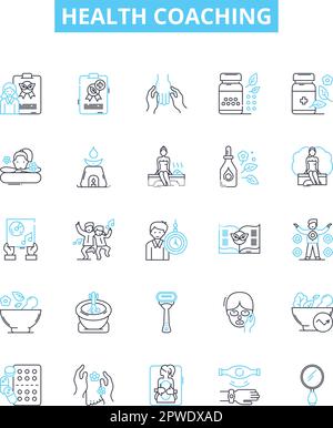 Vektorlinien-Symbole für Health Coaching festgelegt. Wellness, Ernährung, Coaching, Bewegung, Gesund, Gewohnheiten, Diät-Illustration umreißen Konzeptsymbole und -Zeichen Stock Vektor