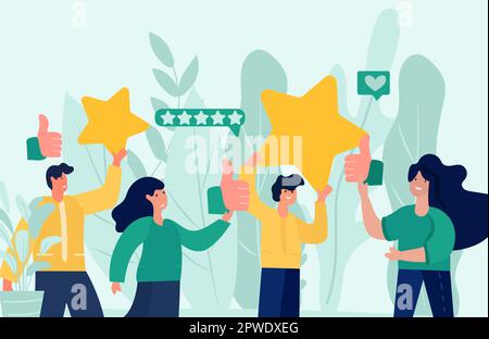 Die Personen, die fünf-Sterne-Feedback geben, repräsentieren die Bedeutung der Kundenzufriedenheit und die Rolle, die sie für den Erfolg eines Unternehmens spielt. Bewertungen Sterne mit guten und schlechten Preisen. Vektor. Stock Vektor