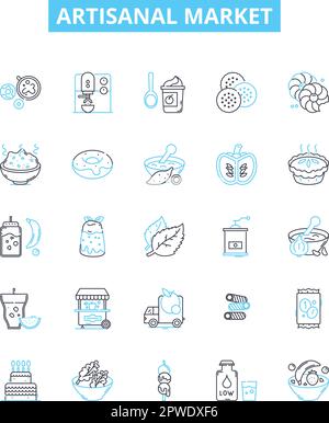 Symbole für handwerkliche Marktvektorlinien gesetzt. Handwerklich, marktwirtschaftlich, handwerklich, handgefertigt, Lokal, Bauern zeigen Symbole und Schilder an Stock Vektor