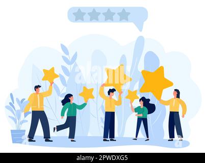 Die Personen, die fünf-Sterne-Feedback geben, repräsentieren die Bedeutung der Kundenzufriedenheit und die Rolle, die sie für den Erfolg eines Unternehmens spielt. Bewertungen Sterne mit guten und schlechten Preisen. Vektor. Stock Vektor