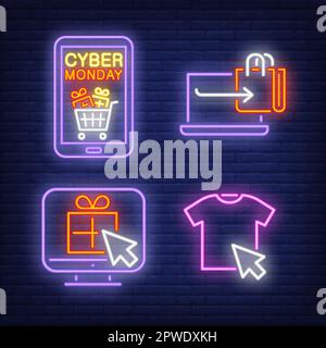 Online-Shopping, Computer, Gadget und T-Shirt Neonschilder Stock Vektor
