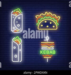 Taco und Kebabs Neonschilder sind bereit Stock Vektor