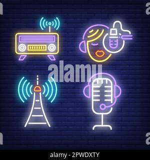 Radio, Mikrofon, Sendeturm und Presenter Neonschilder Stock Vektor