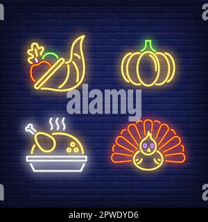 Thanksgiving-Neonschild-Set. Cornukopie Stock Vektor
