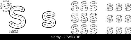 Buchstaben S-Trace ABC-Arbeitsblatt für Kinder, englisches Vokabular in Groß- und Kleinbuchstaben. Handschriftliche Nachzeichnung Übungsvektordarstellung Stock Vektor