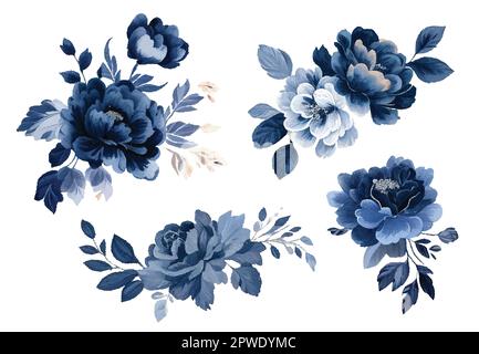 Set mit Blumenzweig. Blume marineblaue Rose, Blätter. Hochzeitskonzept mit Blumen. Blumenposter, einladen. Vektoranordnungen für Grußkarten oder Stock Vektor