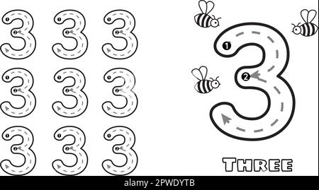 Arbeitsblatt Nummer drei für prek Kinder und Kleinkinder. Handschriftliches Vorschulkindergarten-Tracing-Vektorbild Stock Vektor